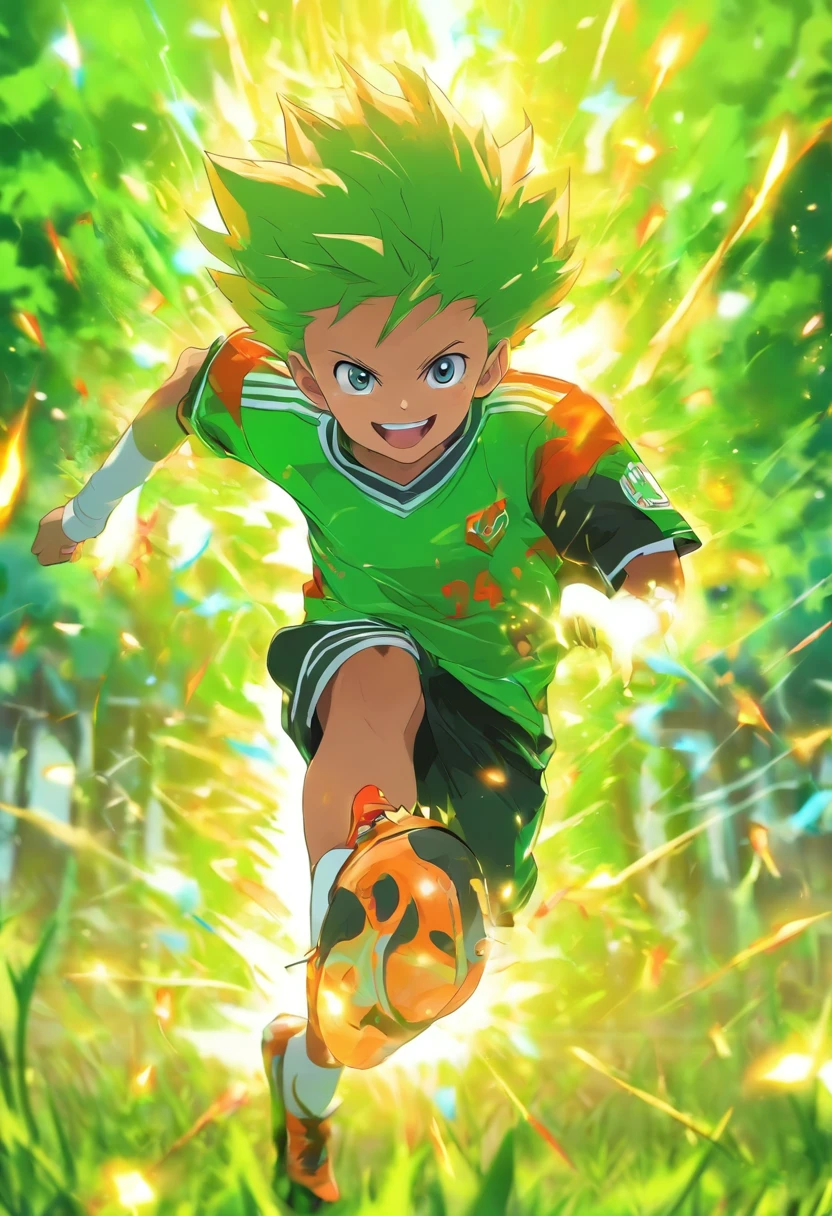Create an image of a young boy playing football in a park. The boy is running with the ball at his feet, determination in his eyes, and a big, excited grin on his face. The park is filled with green grass, and there are trees in the background. Capture the energy and enthusiasm of this moment as the boy kicks the ball, with the goalposts in sight. Keep the image in black and white for a coloring book page."