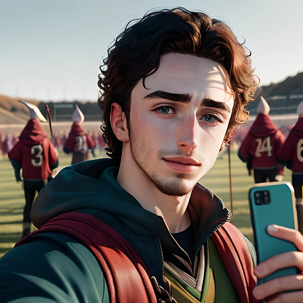 realistic, aaron taylor johnson as james potter taking a selfie after a quidditch game