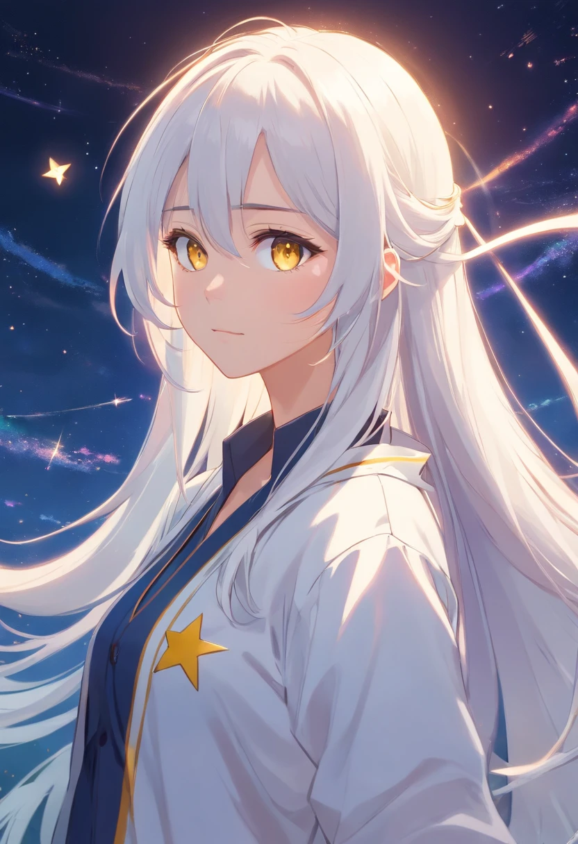 long  white hair，yellow eye with star，Black regular clothes，teens girl，quadratic element，cartoony，graceful and dignified，hair straight，The upper part of the body