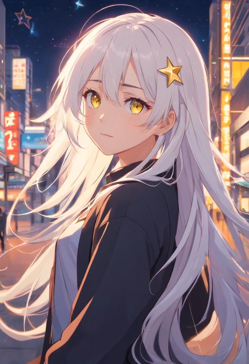 long white hair,yellow eye with star,Black regular clothes,teens girl,quadratic element,cartoony,graceful and dignified,hair straight,The upper part of the body