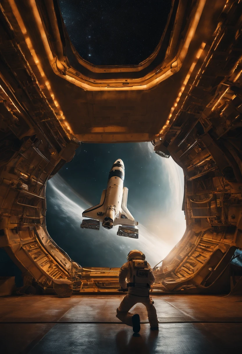 An astronauts back infront of a colossal ship in space