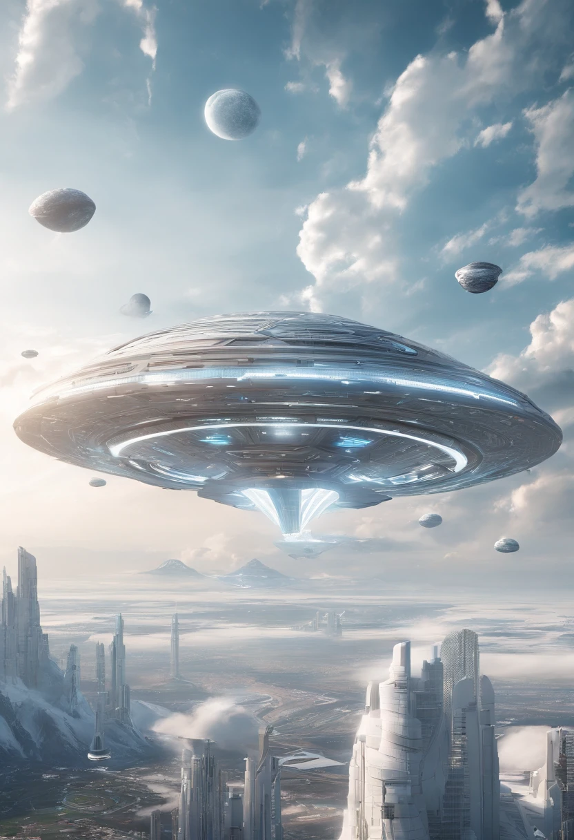 Futuristic alien spaceship, Flying over Xalood with new planets in space, White Sky, White backlight, Sateen,zipper, hyper realistic, Highly detailed,8K,With a clean white background