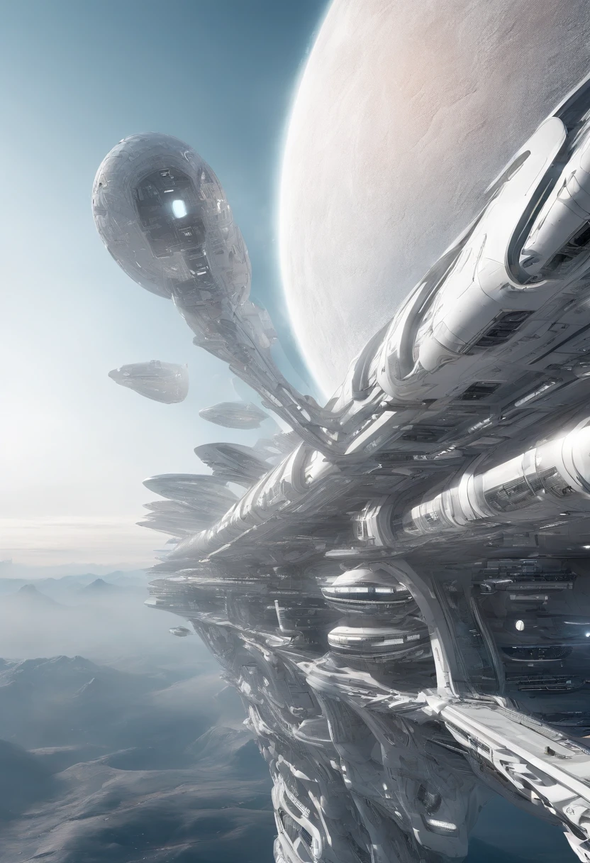 Futuristic alien spaceship, Flying over Xalood with new planets in space, White Sky, White backlight, Sateen,zipper, hyper realistic, Highly detailed,8K,With a clean white background