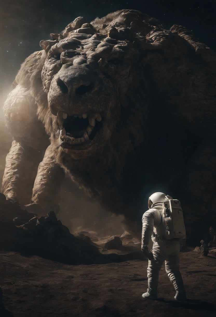 An astronauts back infront of a colossal monster beast in space