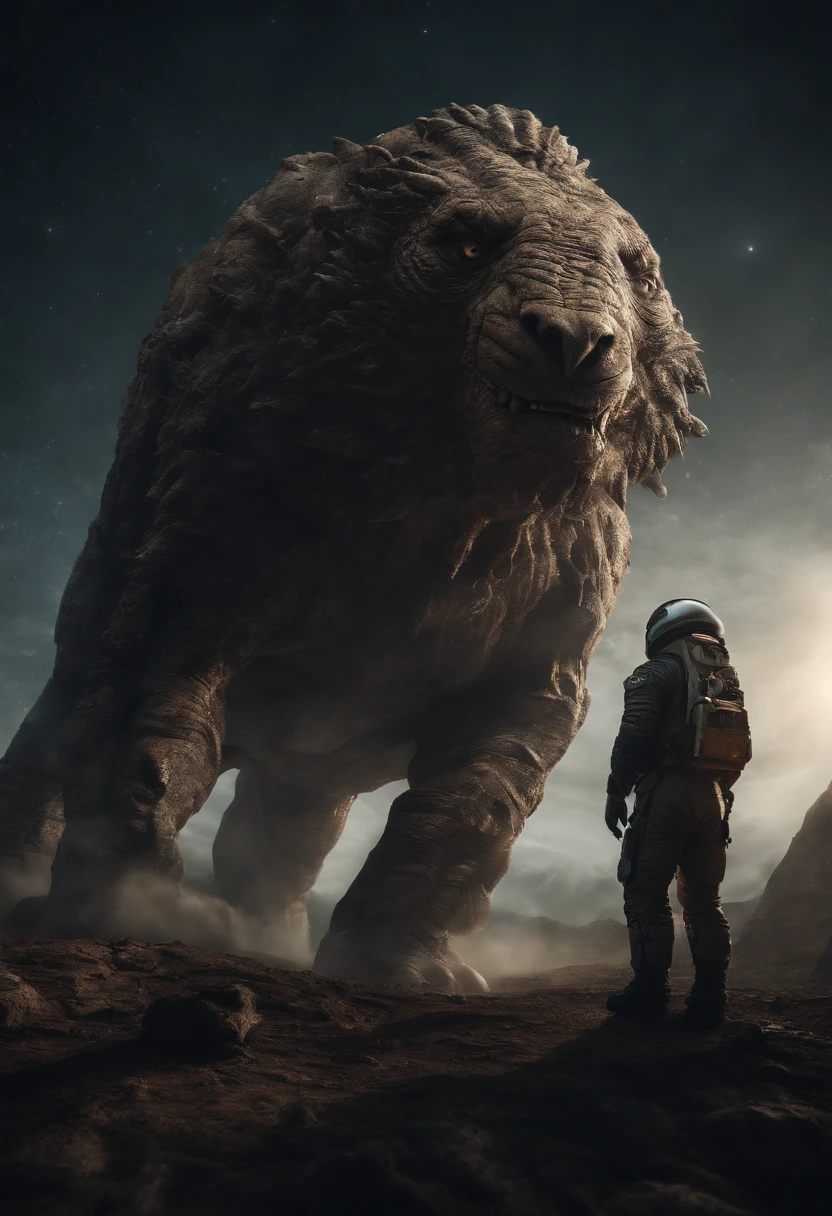 An astronauts back infront of a colossal monster beast in space