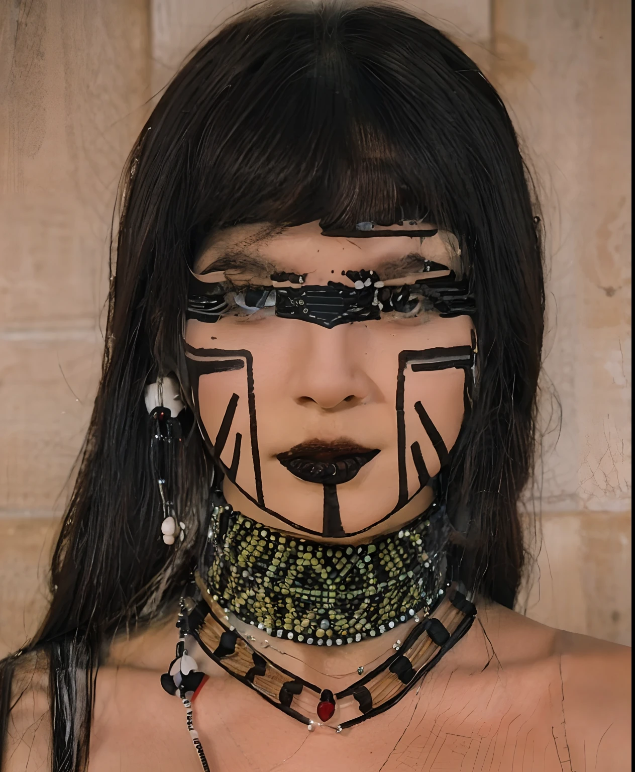A 20-year-old indigenous woman, cabelos pretos e longos, olhos escuros, Geometric shapes on the face, black and white beaded necklaces, olhos pretos, brinco de penas