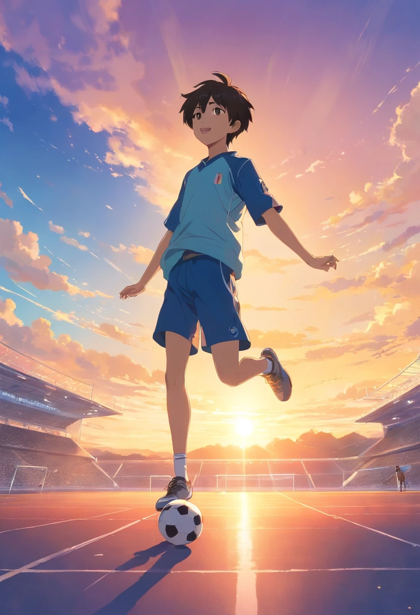 Create an image of a young boy soaring through the air, ready to kick a football, against the backdrop of a beautiful sunrise. The boy is suspended in mid-air, fully stretched, with the sunrise casting a warm, golden glow on the horizon. He's wearing a soccer uniform and sneakers, and the football is just about to meet his foot. The scene captures the moment of anticipation and excitement. Leave the background open