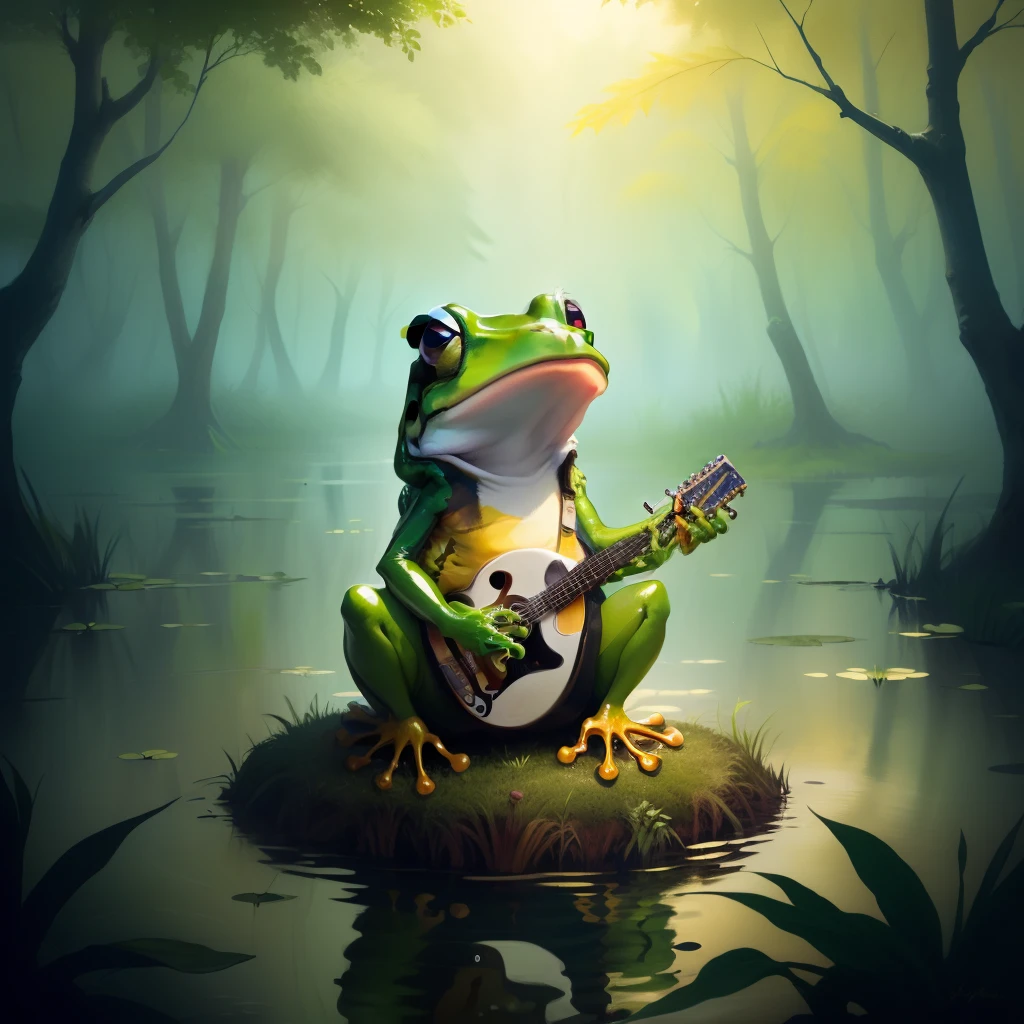 Frog singing jazz in a swamp