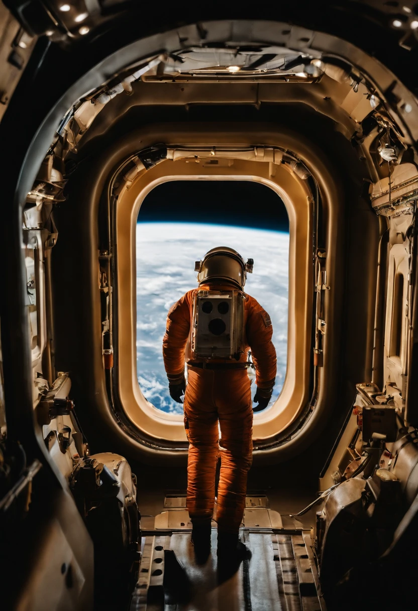 An astronauts back infront of a colossal ship in space