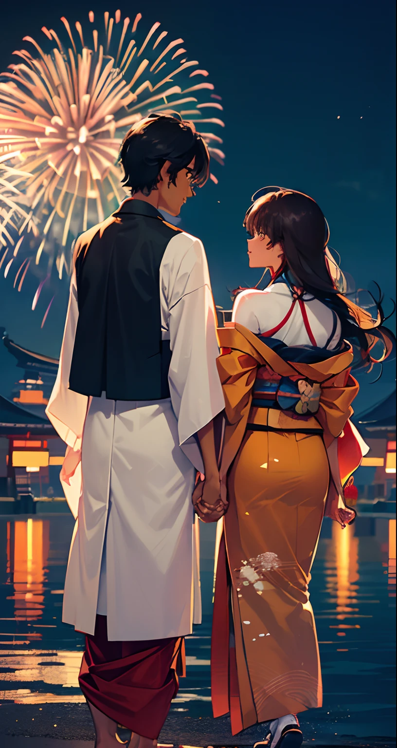 (Indian guy brown skin with long shoulder length hair) and  (Japanese girl) wearing kimono holding hands as they watch the fireworks festival in Japan
