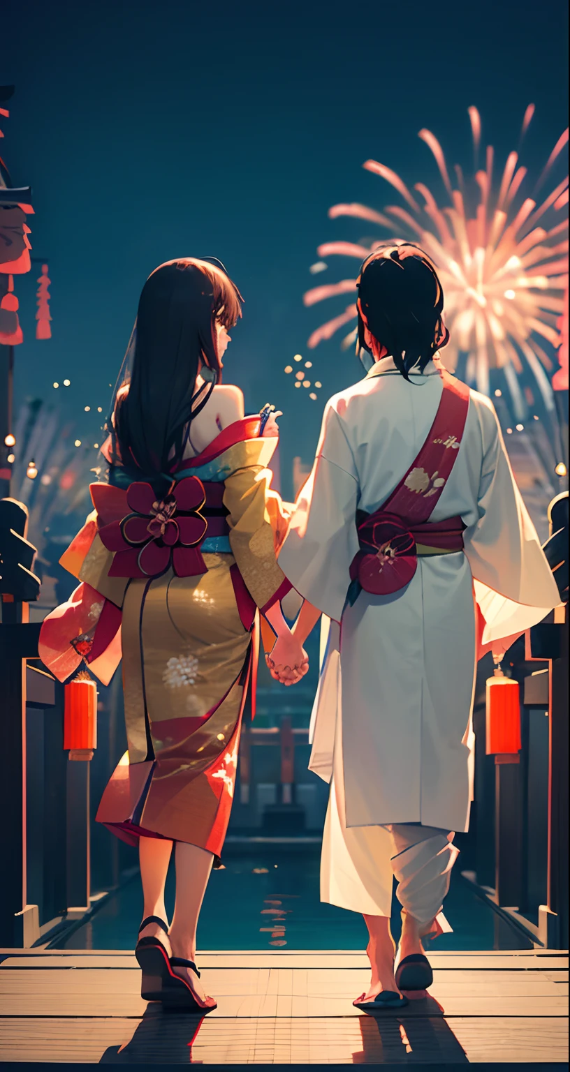 (Indian guy brown skin with long shoulder length hair) and (Japanese girl) wearing kimono holding hands as they watch the fireworks festival in Japan