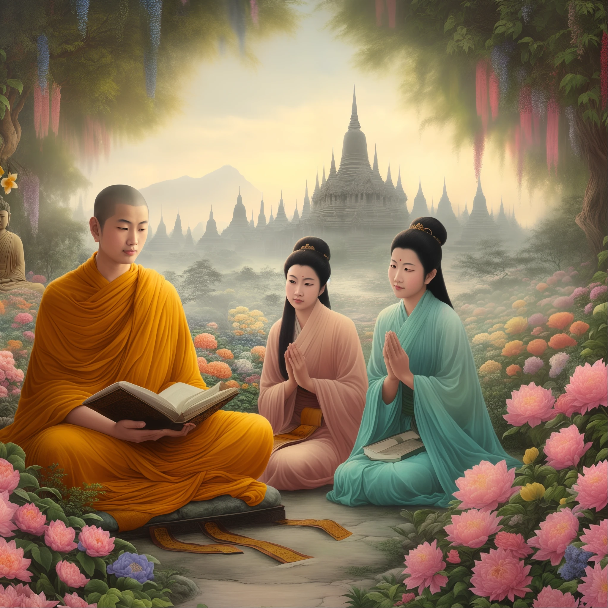 painting of three monks sitting in a garden with flowers and a book, buddhist, buddhism, buddhist art, on the path to enlightenment, beautiful depiction, tithi luadthong, thailand art, on path to enlightenment, nivanh chanthara, temple background, lokah samastah sukhino bhavantu, enlightenment. intricate, vietnamese temple scene