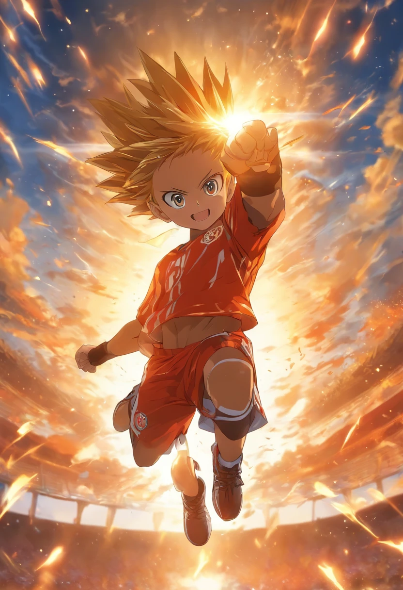 Create an image of a young boy soaring through the air, ready to kick a football, against the backdrop of a beautiful sunrise. The boy is suspended in mid-air, fully stretched, with the sunrise casting a warm, golden glow on the horizon. He's wearing a soccer uniform and sneakers, and the football is just about to meet his foot. The scene captures the moment of anticipation and excitement. Leave the background open, showcasing the breathtaking sunrise