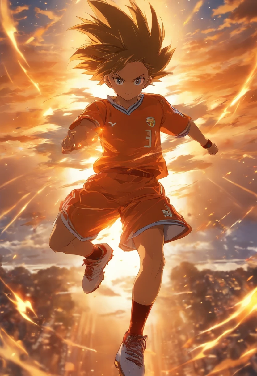 Create an image of a young boy soaring through the air, ready to kick a football, against the backdrop of a beautiful sunrise. The boy is suspended in mid-air, fully stretched, with the sunrise casting a warm, golden glow on the horizon. He's wearing a soccer uniform and sneakers, and the football is just about to meet his foot. The scene captures the moment of anticipation and excitement. Leave the background open, showcasing the breathtaking sunrise