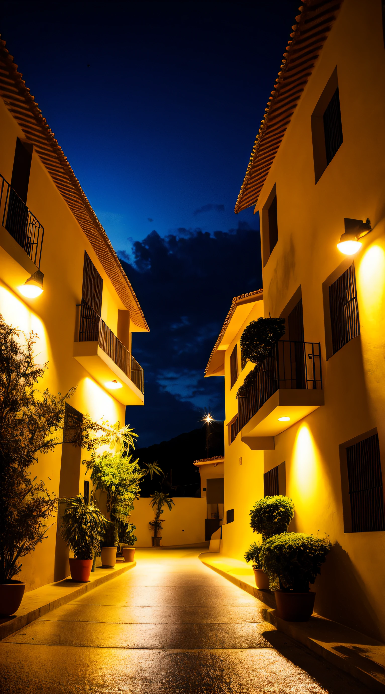 Puesta de sol, brillo nocturno, vista lejana, realista, colores ricos, hermoso y colorido, lente gran angular, Filming at night, Positive film, estilo naturalista, High Definition Filming. Olympus OM-D E-M1 Mark III con un lente prime de 45 mm, apertura f/1.8 and shutter speed of 1/125s. --v 5 --s 750