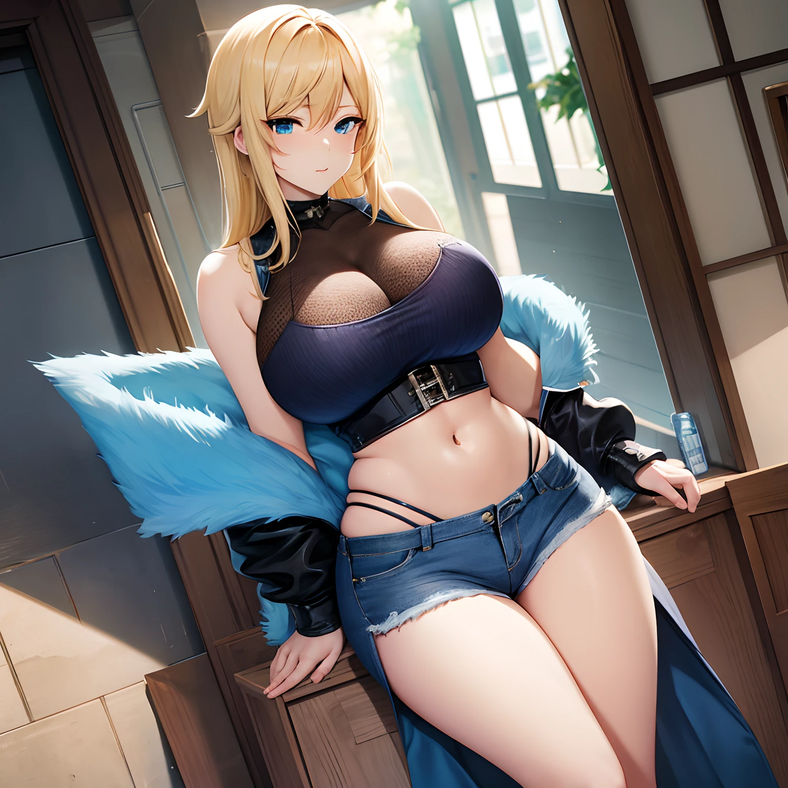 jean from genshin impact, blue jeans, cyan bra, blonde hair, sexy, seductive, big boobs, big thighs, wide hips