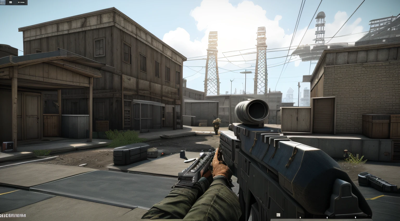 Ararid view of a gun on a roof in a city, Fuga de Tarkov, em Tarkov, Captura de tela de um FPS, Cryengine, com Cryengine, Captura de tela do videogame>, captura de tela em primeira pessoa, fps view, jogo de tiro em primeira pessoa hud, renderizado em Cryengine, realista unreal engine 3 d jogo, highly detailed epic, vista em primeira pessoa