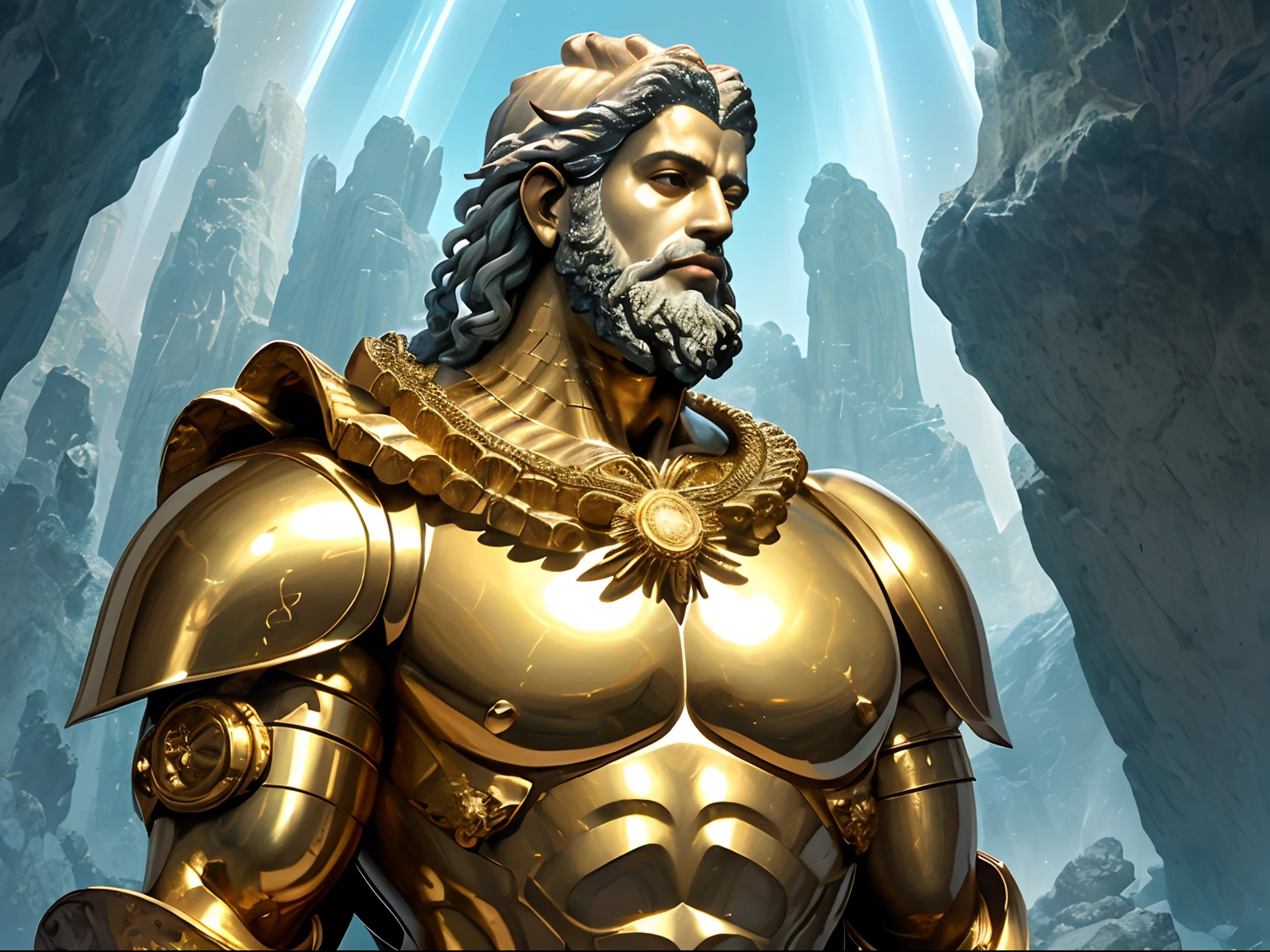 Crie uma imagem inteira 8K inspiradora representando um Zeus grego ,forte, olhando para o lado, immortalized as a bust statue, Single Bust Statue, com detalhes minuciosos, com fundo dourado brilhante, mostra imagem por completo A (corpo inteiro: 1.3) Shot in 8K resolution, obra-prima de melhor qualidade, fotorrealista, Visual intenso, anatomical photorealistic digital painting portrait of a (Homem, guerreiro humano musculoso: 1.3) em (similar statue of Marcus Aurelius, Luz, intrincado, forte e musculoso de ouro dourado, shining: 1.3) em a (Crystal Blue Biomechanical Environment: 1.3), semelhante ao estoicismo estoico, barba longa, light particle, pele muito detalhada, olhos muito detalhados, (estilo guerreiro medieval: 1.3), Mark Aurelius: 1.1), artista conceitual, global ilumination, profundidade de campo, Epic Stoic Splash Art