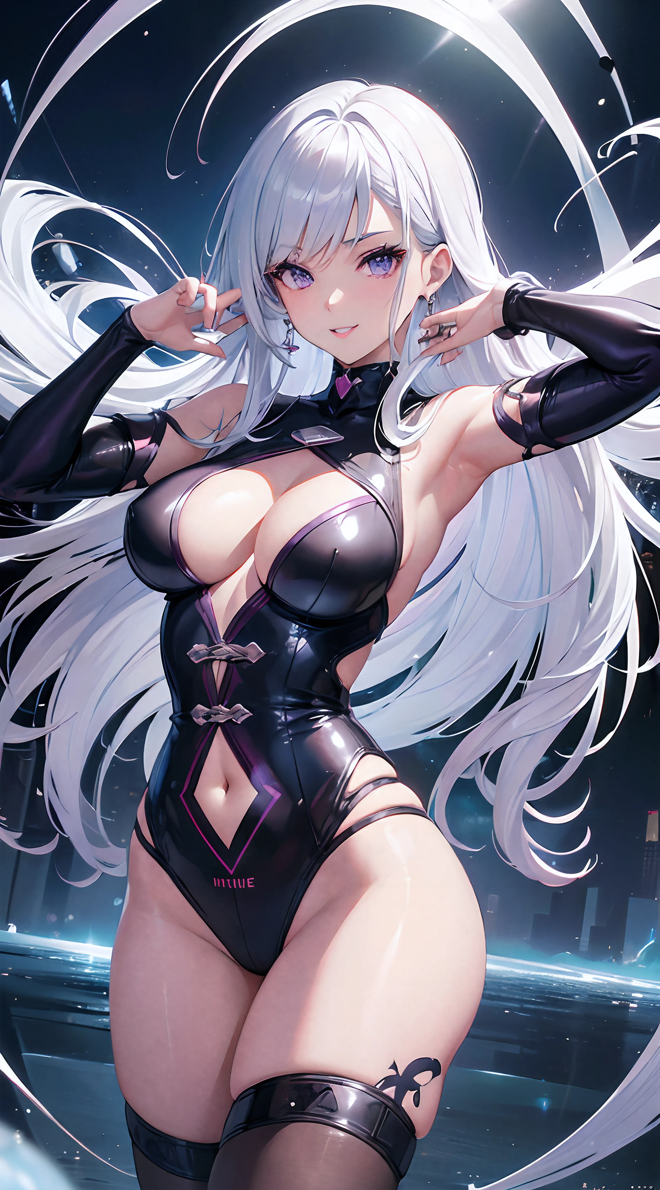 (incredible ridiculous resolution:1.6),Anime girl,Silver bright hair,Manga wallpaper,8k eyes,(perfect body),(wearing stylish sexy bondage),bright smile,best quality,highly detailed anime art,sharp quality,8k quality,high detail background with rain,thighs,white skin,beautiful body,1girl,Armpits,looking at the viewer,clean face,no anatomy mistakes,bewitching thighs,sexy pose,too much tattoos, dominant girl, beautiful hair, earrings , purple lipstick