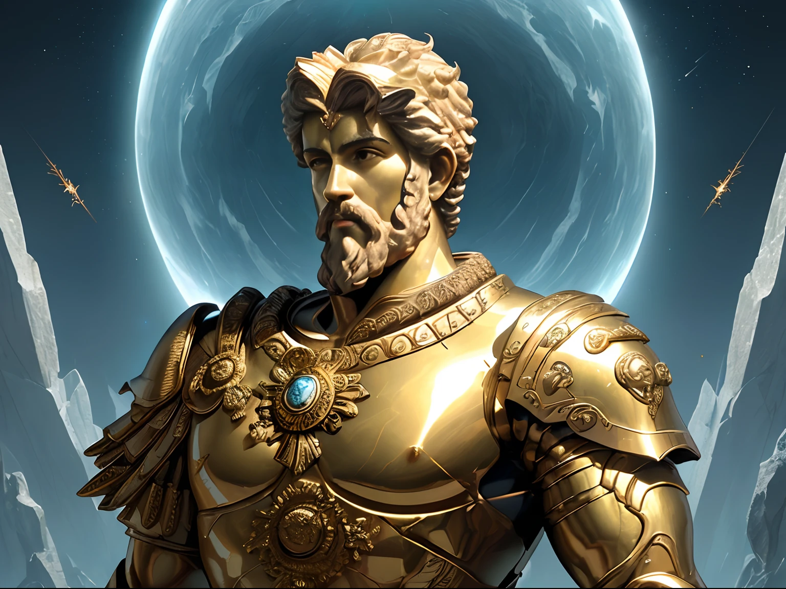 Crie uma imagem inteira 8K inspiradora representando um Zeus grego ,forte, olhando para o lado, immortalized as a bust statue, Single Bust Statue, com detalhes minuciosos, com fundo dourado brilhante, mostra imagem por completo A (corpo inteiro: 1.3) Shot in 8K resolution, obra-prima de melhor qualidade, fotorrealista, Visual intenso, anatomical photorealistic digital painting portrait of a (Homem, guerreiro humano musculoso: 1.3) em (similar statue of Marcus Aurelius, Luz, intrincado, forte e musculoso de ouro dourado, shining: 1.3) em a (Crystal Blue Biomechanical Environment: 1.3), semelhante ao estoicismo estoico, barba longa, light particle, pele muito detalhada, olhos muito detalhados, (estilo guerreiro medieval: 1.3), Mark Aurelius: 1.1), artista conceitual, global ilumination, profundidade de campo, Epic Stoic Splash Art