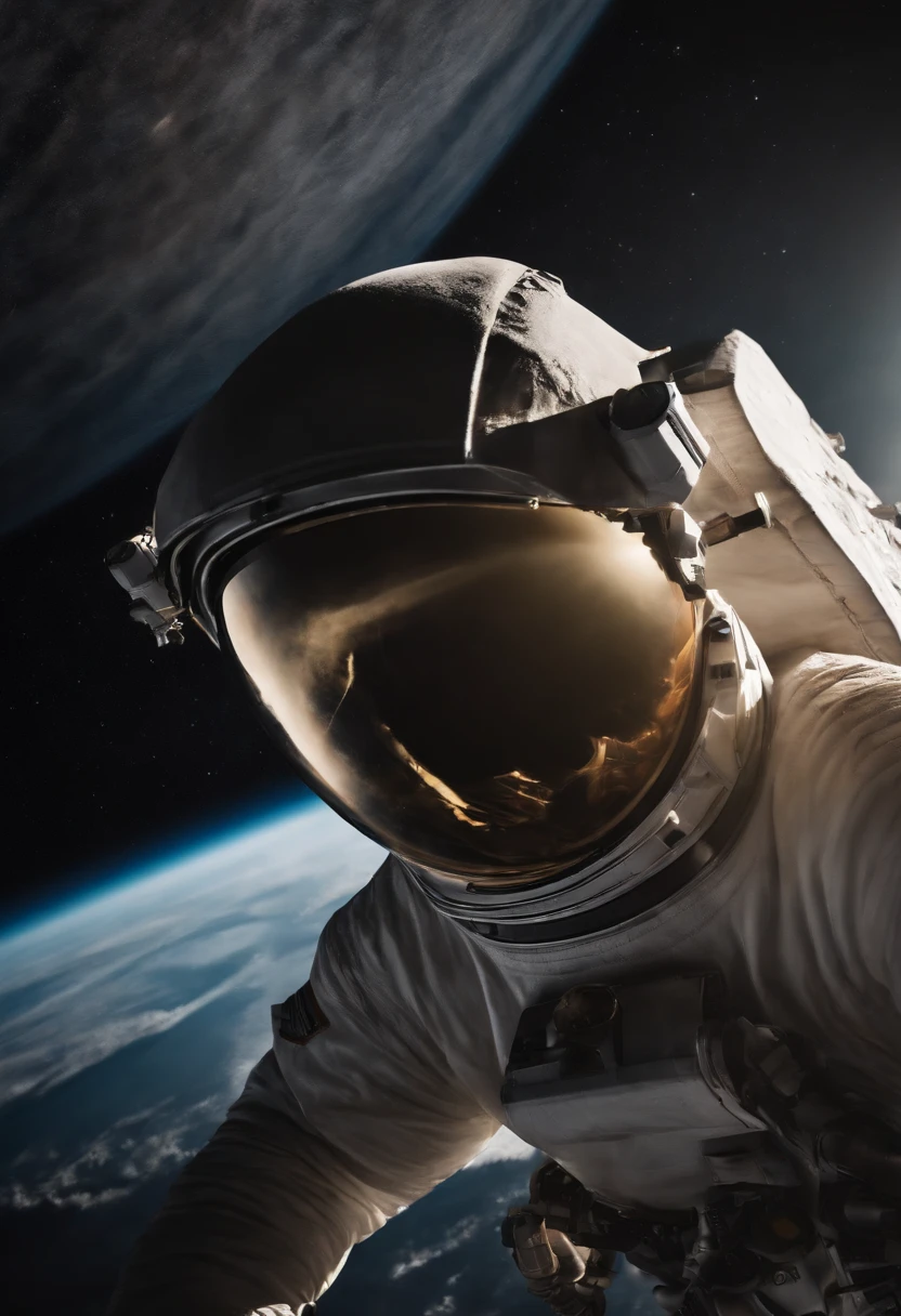An astronauts back infront of a colossal ship in space