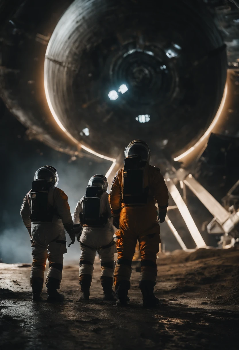 An astronauts back infront of a colossal ship in space