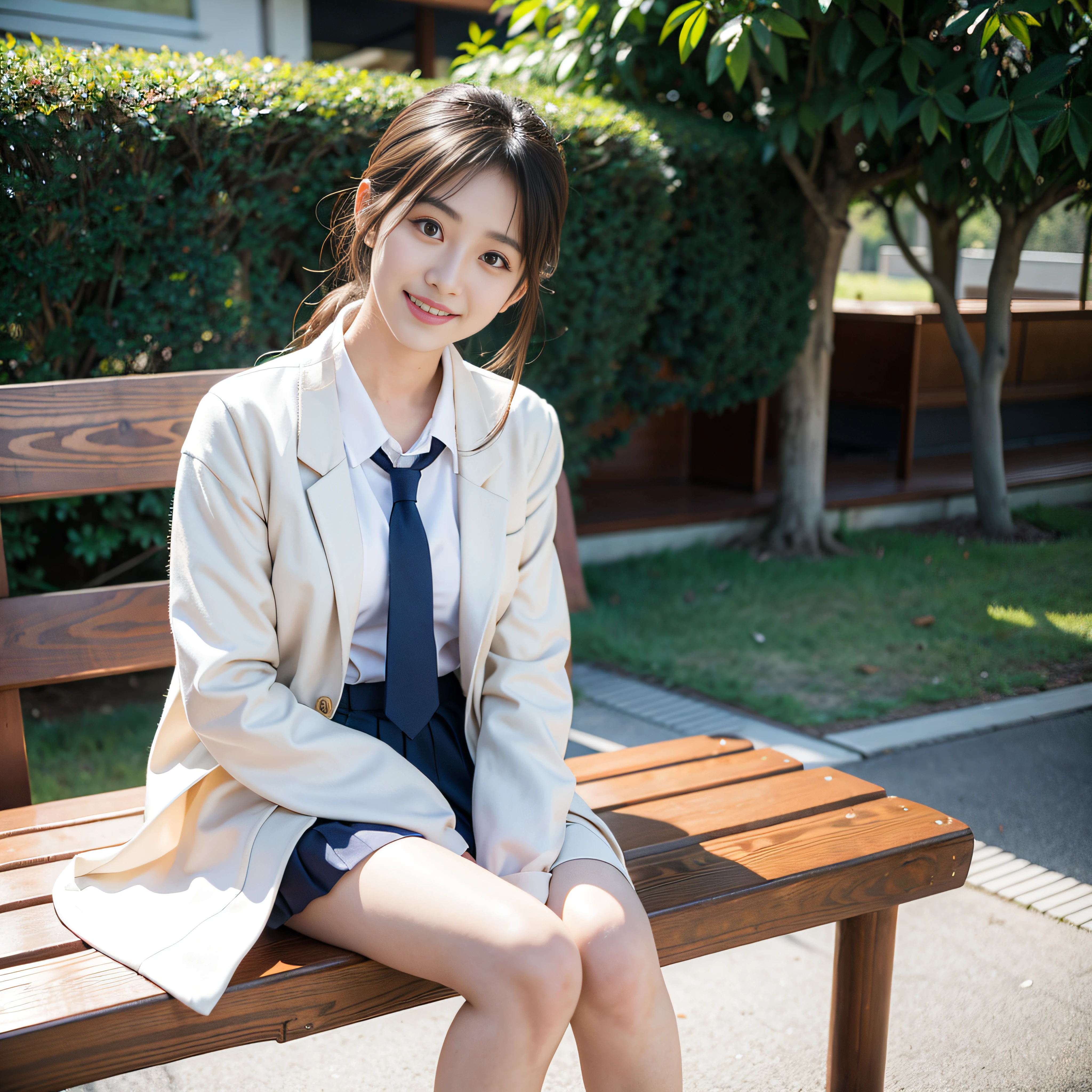 a smile、Asian woman sitting on wooden bench with tie, japanese girl school uniform, wearing japanese school uniform, Korean Girl, young and cute girl, Realistic Young Gravure Idol, Open V chest clothes, reluvy5213, Japan school uniform, loose coat collar sailor uniform, pretty face with arms and legs