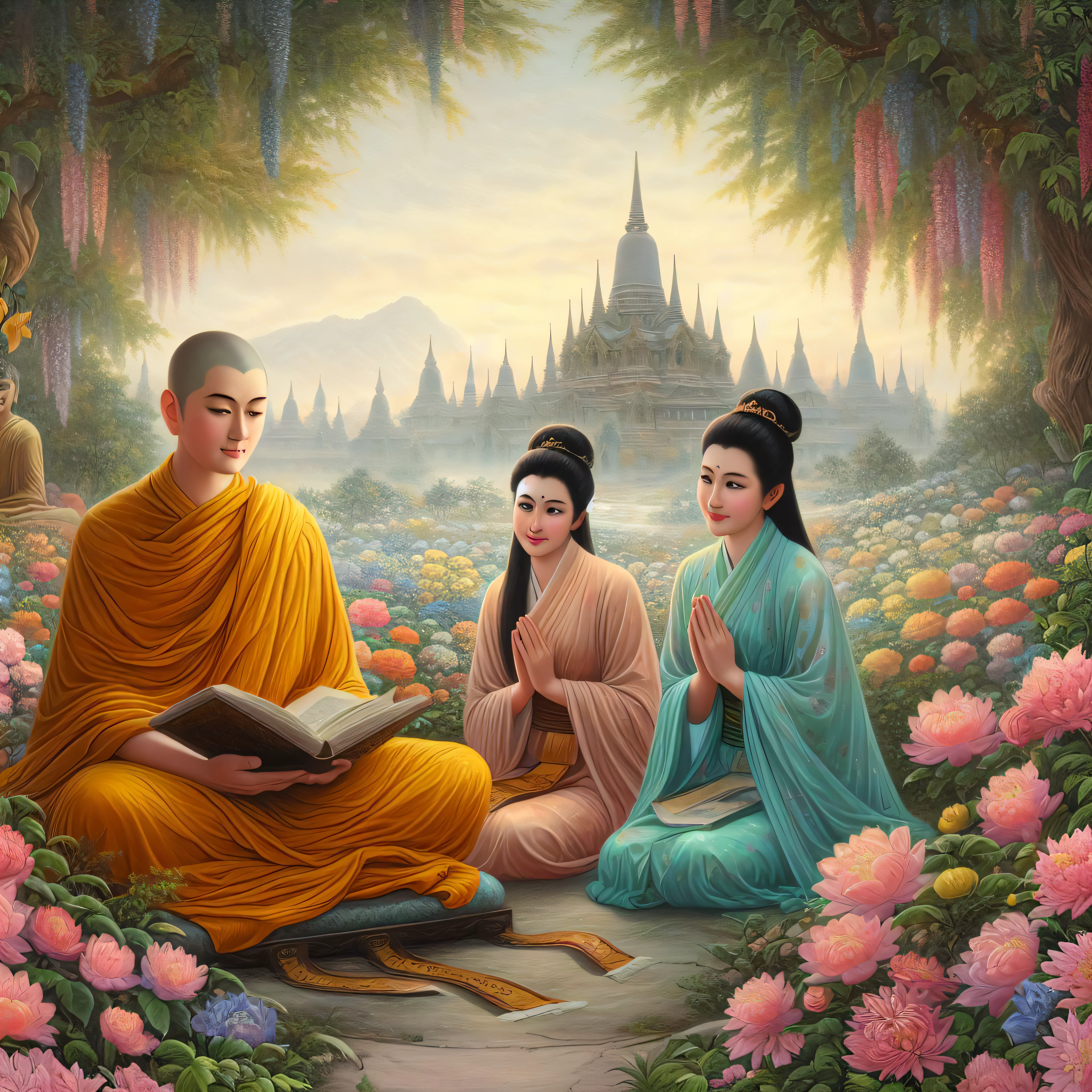there are three people sitting on the ground in a garden, buddhist, buddhism, tithi luadthong, thailand art, beautiful depiction, buddhist art, temple background, on the path to enlightenment, vietnamese temple scene, by Li Mei-shu, by Shen Che-Tsai, on path to enlightenment, a beautiful artwork illustration