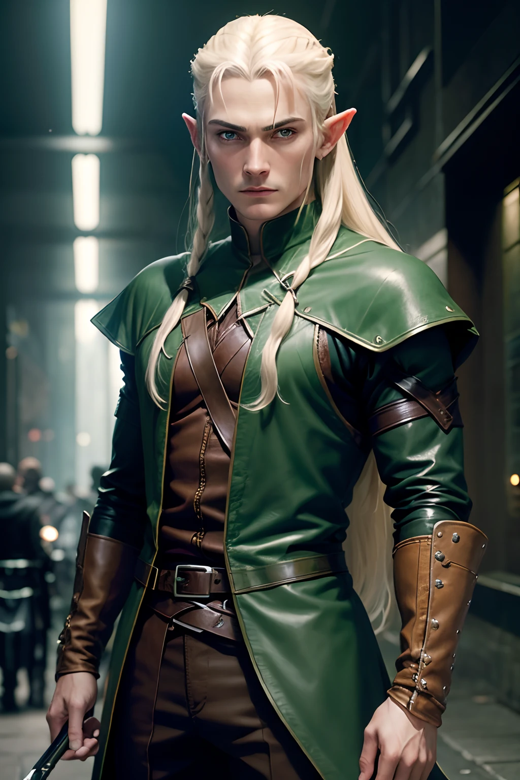 Legolas, an elf, In the Matrix, with matrix clothes, leather, futuristic bow, Cyberpunk background, Orlando Bloom