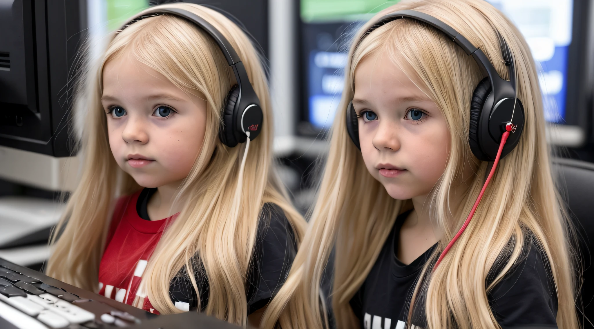 BLONDE LONG HAIRED CHILD GIRL, com capuz vermelho E HEADPHONES sentada em frente a um computador, com capuz, red and cinematic lighting,