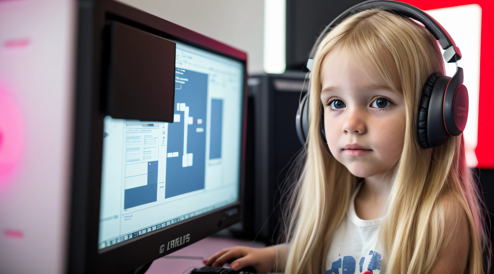 BLONDE LONG HAIRED CHILD GIRL, com capuz vermelho E HEADPHONES sentada em frente a um computador, com capuz, red and cinematic lighting,