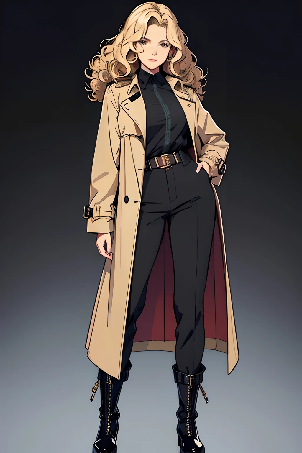 curly hair，Squint，cool girl，Adult women，Long black trench coat，blonde,madame,Full body like,combat coat,belt,solo girl,boots,long pants,madame president,retro artstyle,flat color,best quality,character sheet,