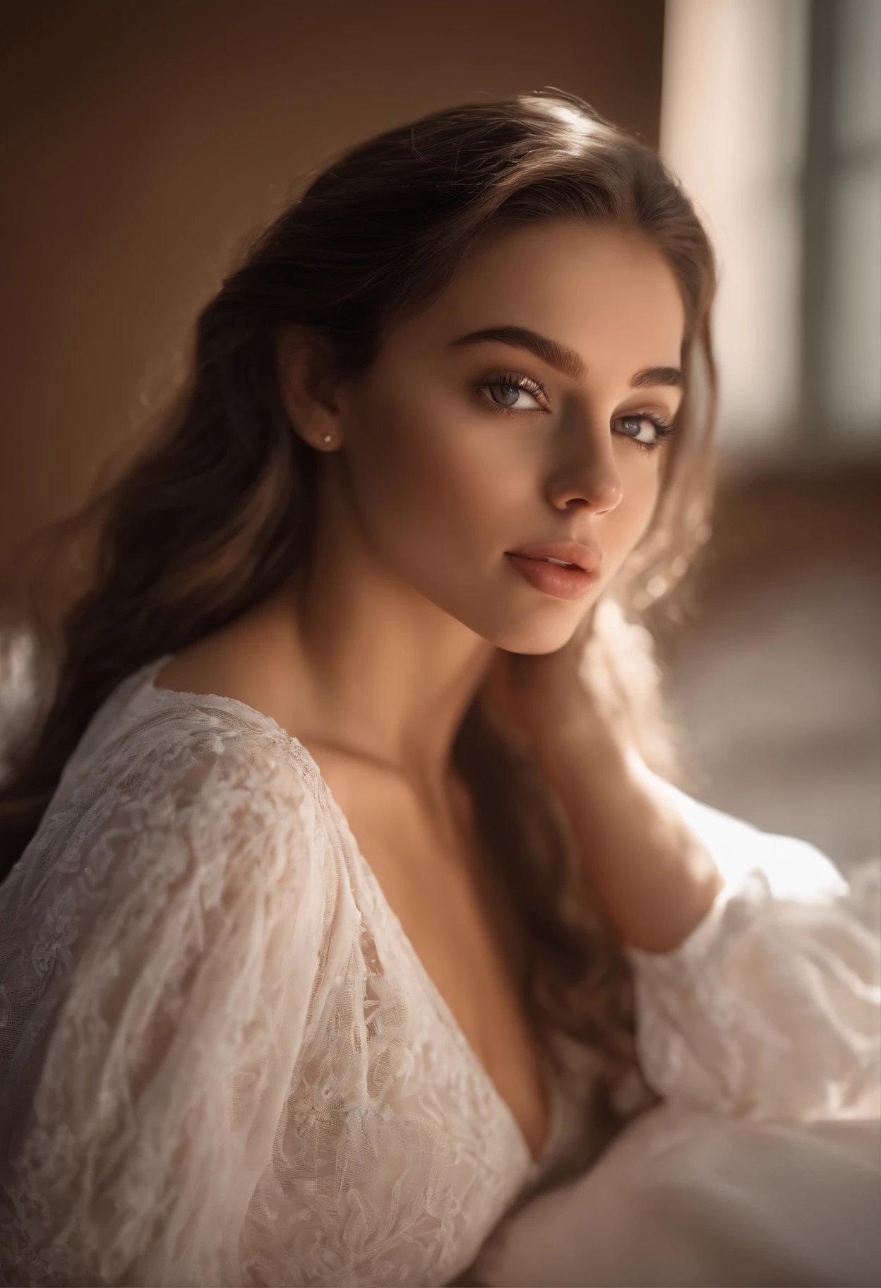 arafed woman fully , sexy girl with brown eyes, ultra realistic, meticulously detailed, portrait sophie mudd, brown hair and large eyes, selfie of a young woman, dubai eyes, violet myers, without makeup, natural makeup, looking directly at the camera, face with artgram, subtle makeup, stunning full body shot kneeling on bed, in bedroom, medium to large size bust
