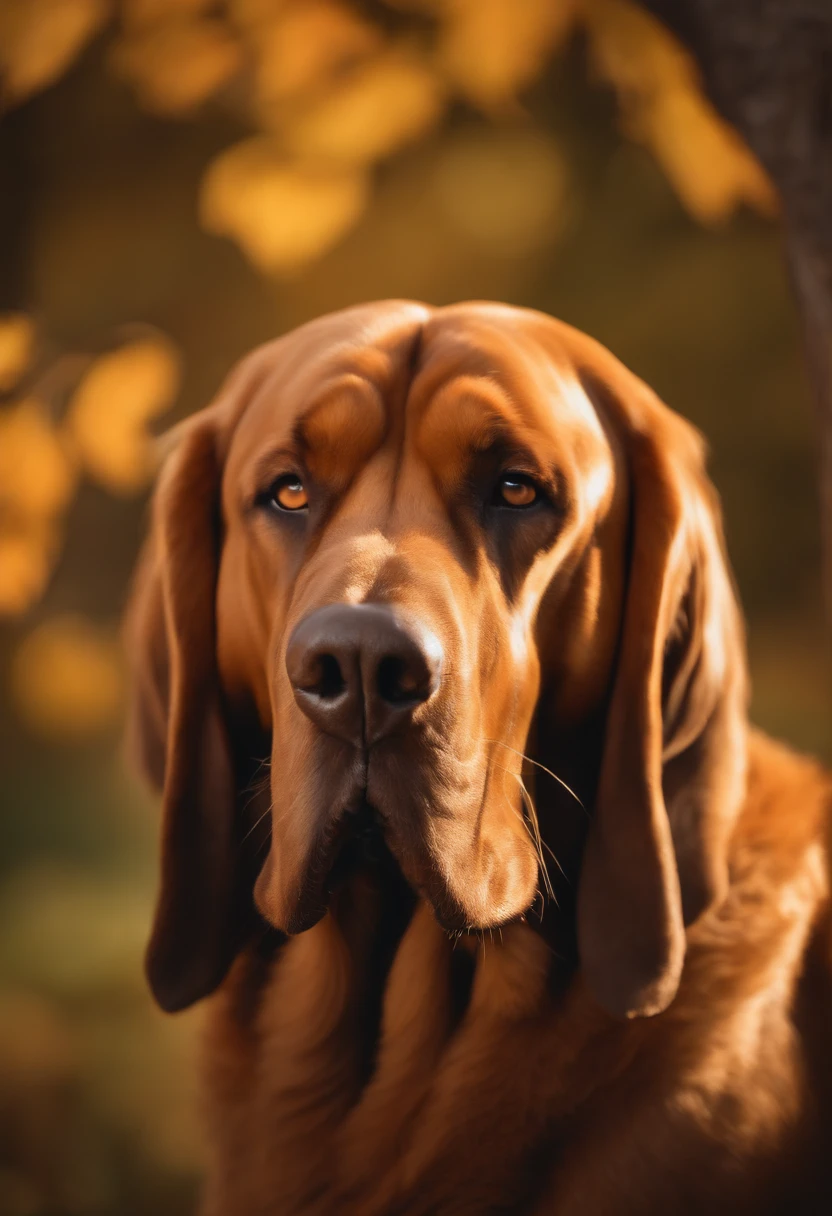 (best quality,4k,8k,highres,masterpiece:1.2),ultra-detailed,(realistic,photorealistic,photo-realistic:1.37), fierce, majestic, copper bloodhound dog, exquisite copper fur, piercing amber eyes, dignified stance, confident expression, nose for tracking scents, long droopy ears, alert and focused, surrounded by autumn leaves, vibrant color palette, natural sunlight, fine details on every strand of fur, stunning realism, breathtaking masterpiece, oil painting style, rich textures, strong contrasts, warm and earthy tones