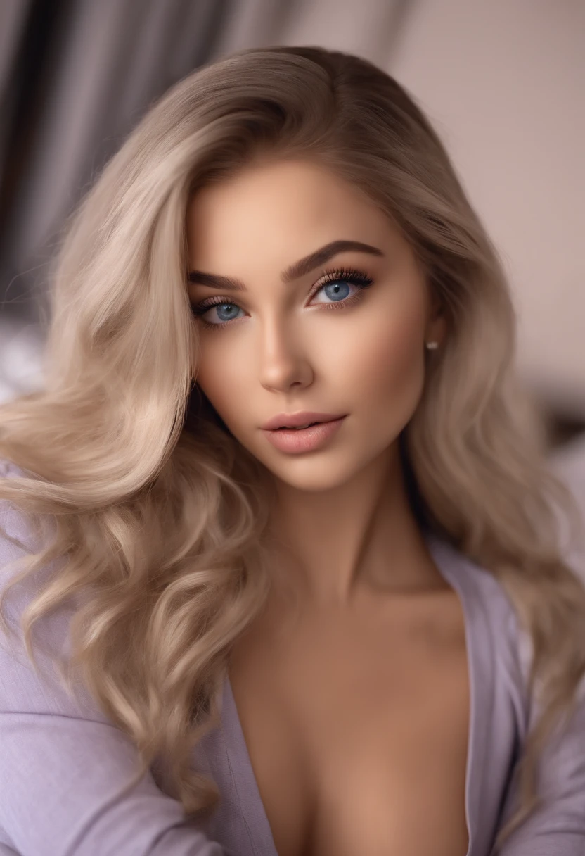 arafed woman fully , sexy girl with blue eyes, ultra realistic, meticulously detailed, portrait sophie mudd, blonde hair and large eyes, selfie of a young woman, bedroom eyes, violet myers, without makeup, natural makeup, looking directly at the camera, face with artgram, subtle makeup, stunning full body shot kneeling on bed, in bedroom, medium to large size bust mixed race