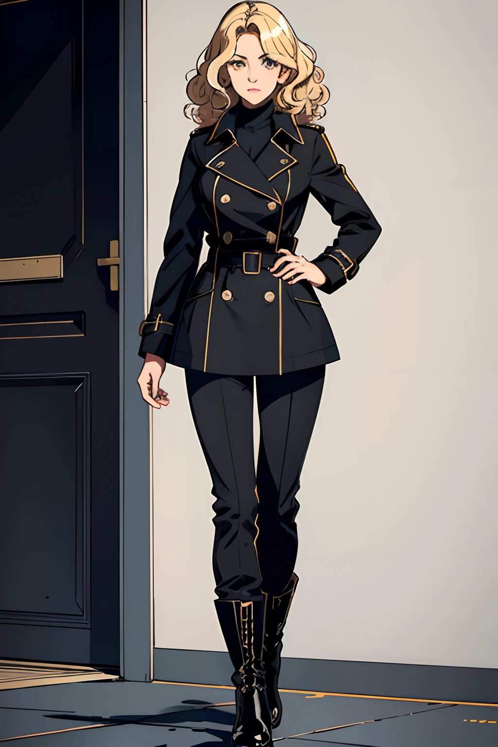 curly hair，Squint，cool girl，Adult women，Long black trench coat，blonde,madame,Full body like,combat coat,belt,solo girl,boots,long pants,madame president,retro artstyle,flat color,best quality,character sheet,