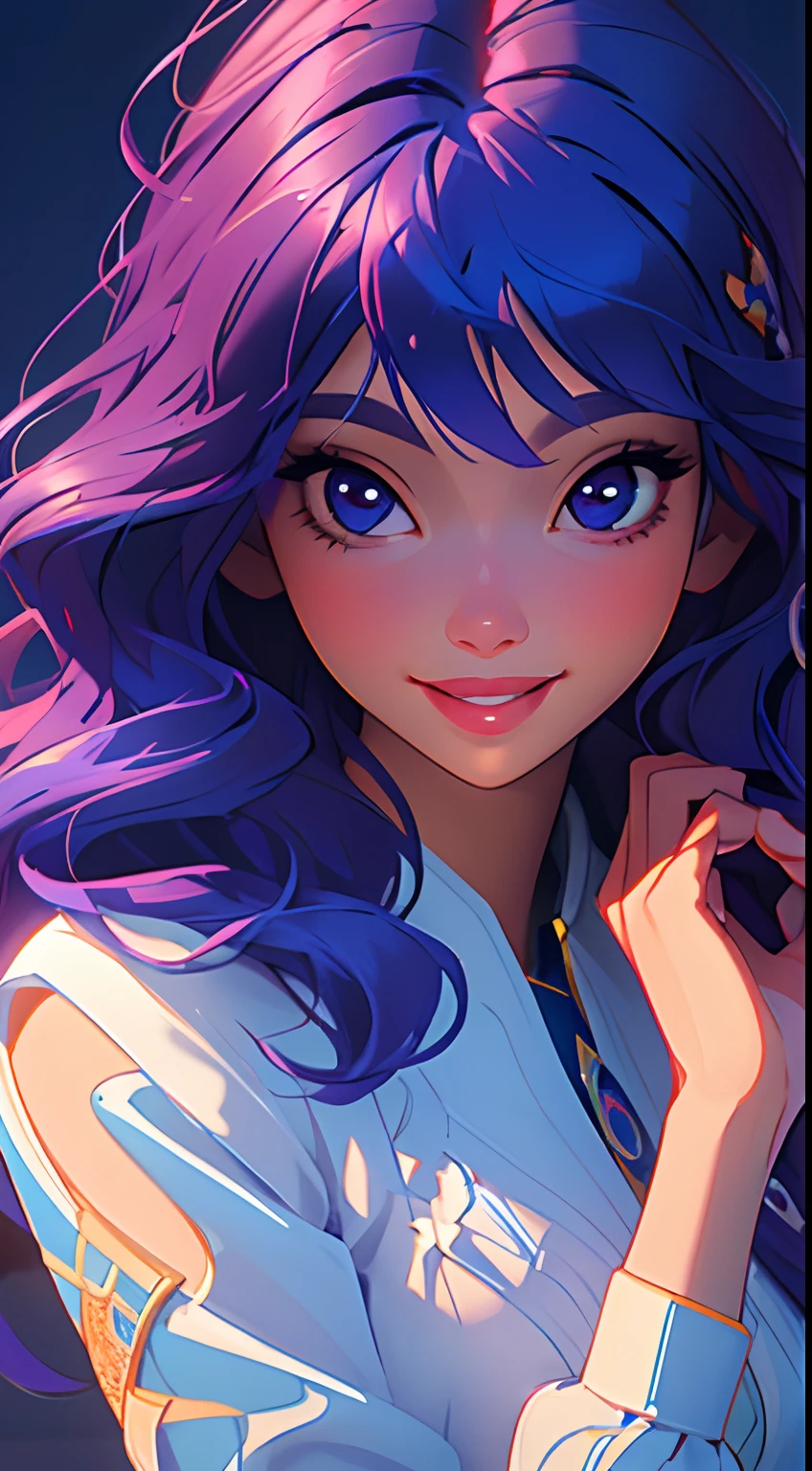 (Masterpiece:1.2), (Best Quality:1.2), night time, (looking a viewer), Bright skin, exteriors, fringe, long bright blue hair, (Wavy Hair), smile, soft lips, glossy lips, Highly detailed, (semi-realistic:1.2), purple hair