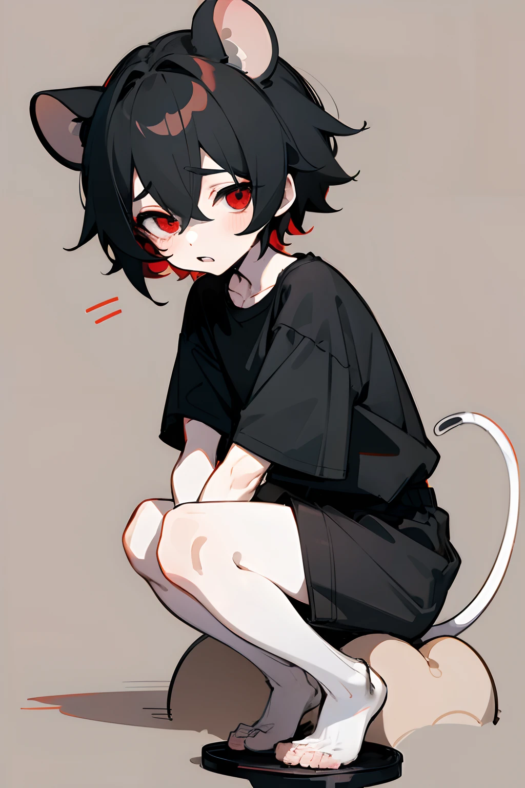 , round circular mouse ears, mouse tail, pale skin, buck teeth, cute, black shirt, nervous, black hair, shy, sfw, black hair, grey shorts, ragged clothing, red eyes, boyish, cozy background, cozy, mousehole, chibi