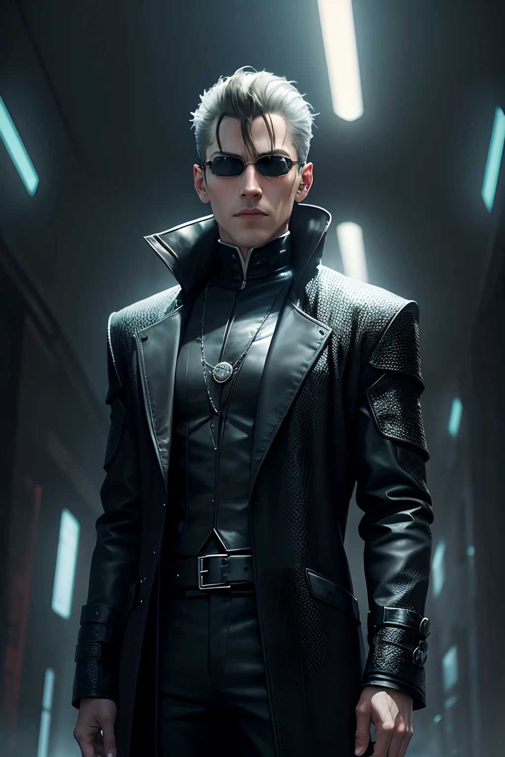 Sauron, In the Matrix, with matrix clothes, futuristic, Cyberpunk background, wearing the one ring