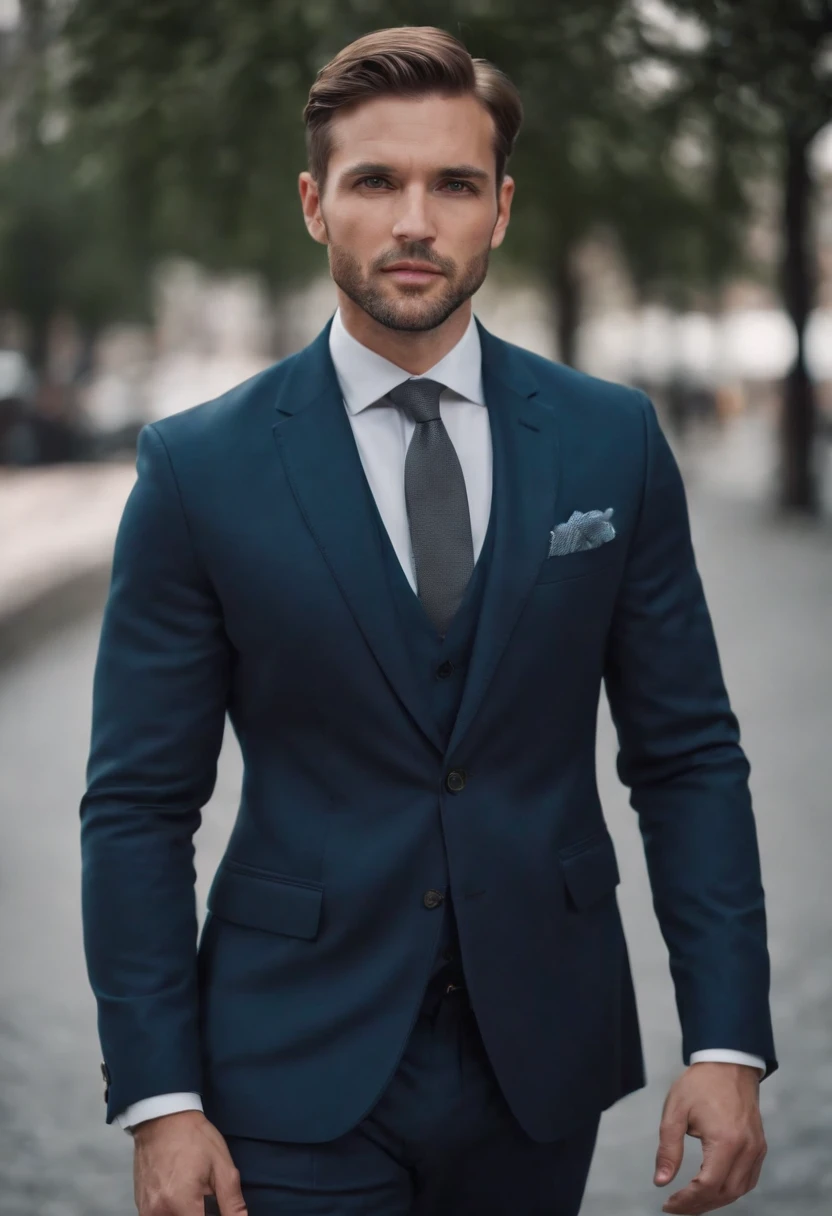 attractive 30 year old man in Hugo boss business suit, full body shot