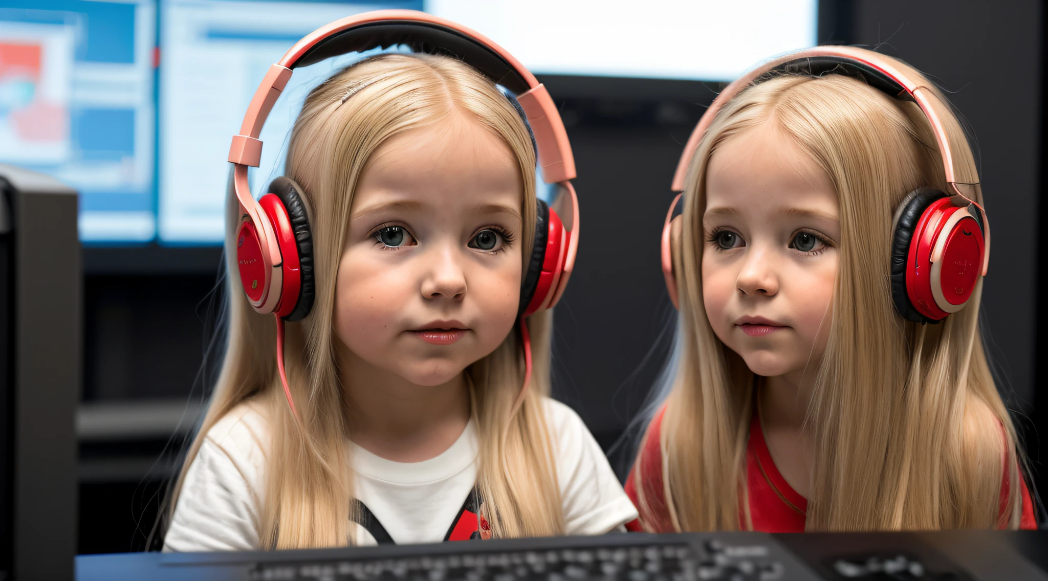 BLONDE LONG HAIRED CHILD GIRL, com capuz vermelho E HEADPHONES sentada em frente a um computador, com capuz, red and cinematic lighting,