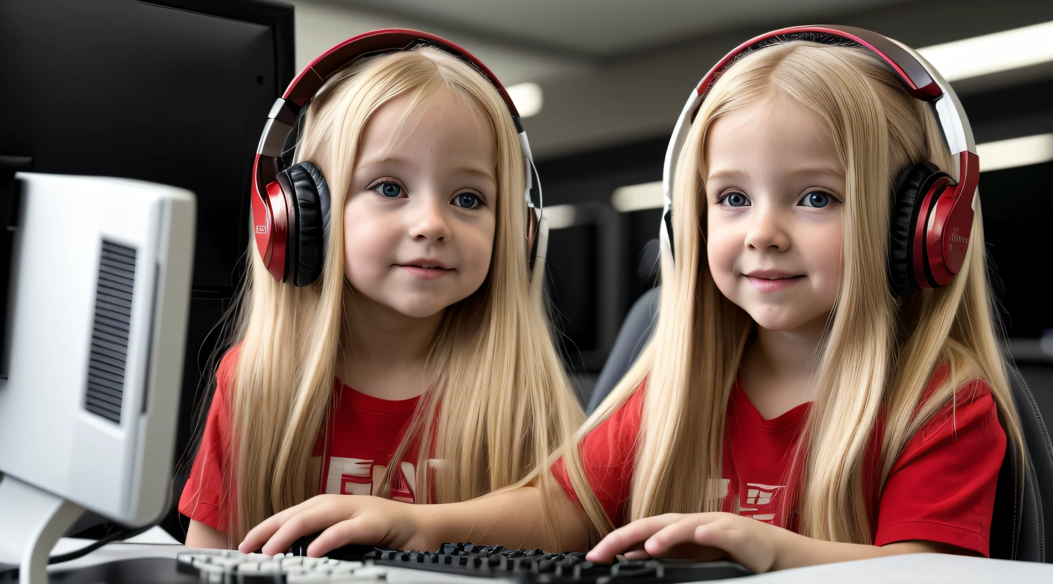 BLONDE LONG HAIRED CHILD GIRL, com capuz vermelho E HEADPHONES sentada em frente a um computador, com capuz, red and cinematic lighting,