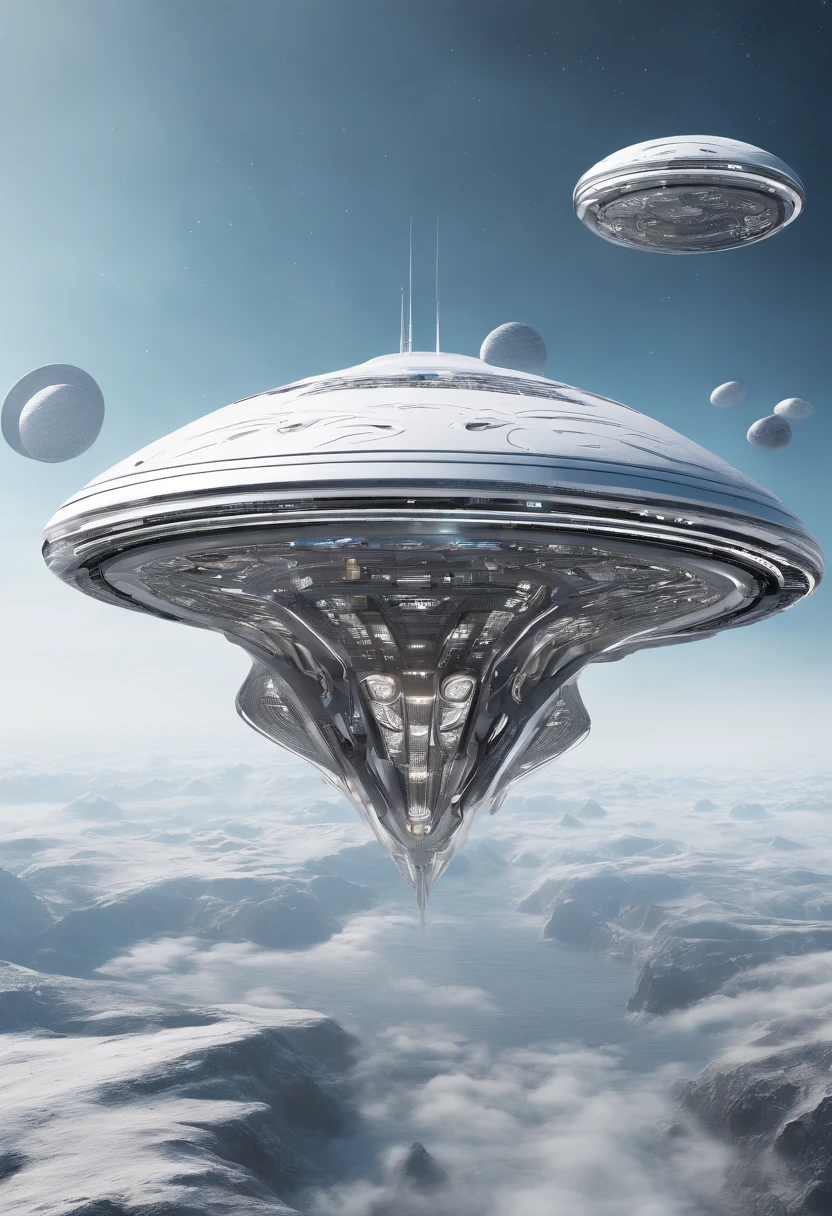 Futuristic alien spaceship, Flying over Xalood with new planets in space, White Sky, White backlight, Sateen,zipper, hyper realistic, Highly detailed,8K,With a clean white background