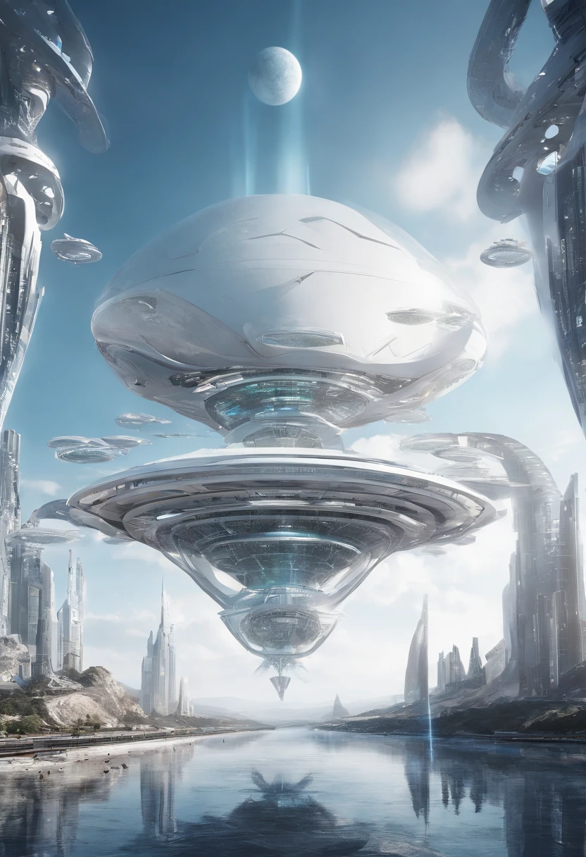 Futuristic alien spaceship, Flying over Xalood with new planets in space, White Sky, White backlight, Sateen,zipper, hyper realistic, Highly detailed,8K,With a clean white background
