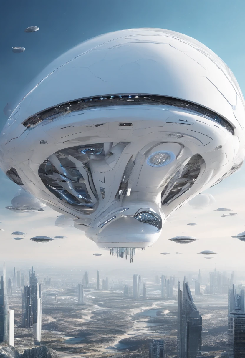 Futuristic alien spaceship, Flying over Xalood with new planets in space, White Sky, White backlight, Sateen,zipper, hyper realistic, Highly detailed,8K,With a clean white background