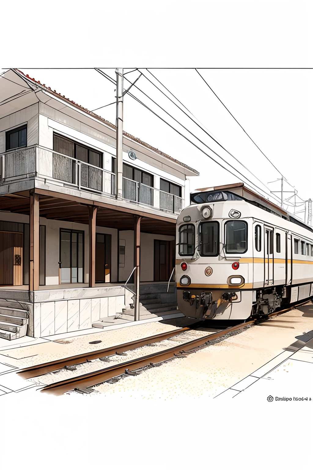 Colorful drawing of a train station with a train going down the tracks, desenho conceitual, architectural section, perspective view, desenho de linha, architectural concept, architectural illustration, estrutura de detalhes, - up, desenho de linhas, Desenho detalhado da linha, architectural concepts, architectural drawing, architectural sketch, conceptual rendering, desenho de arquitetura, arquitetura de desenho, architectural design, Line sketch in nankim pen, cores pasteis