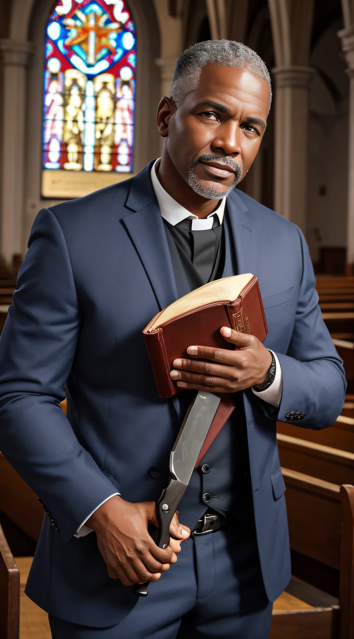 a pastor in a church, holding a bible in his hands and a knife, looking directly at the camera, close-up, ultra hd