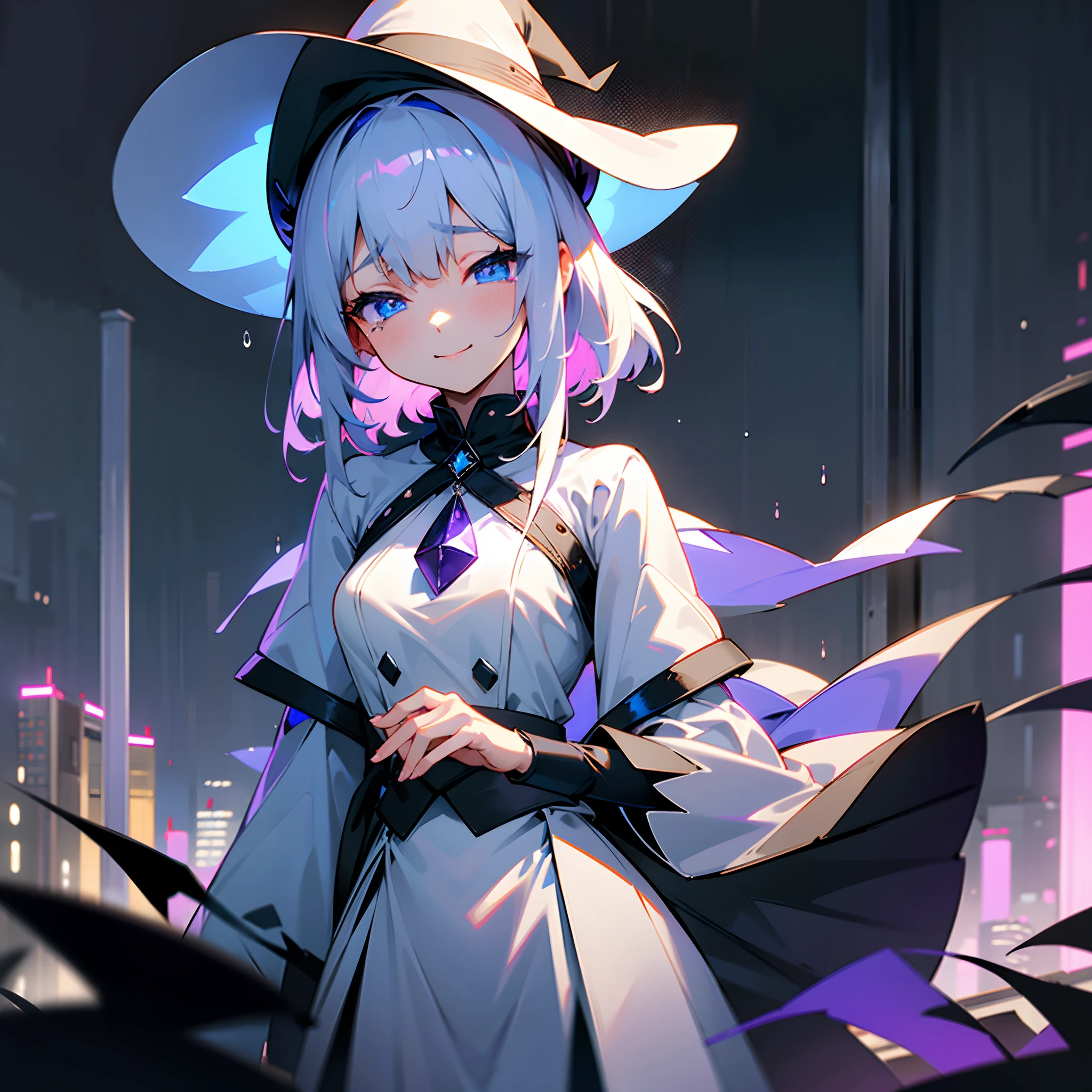 Rainy nights、An urban area lined with buildings、Late Night Tokyo、Witch Girl Standing、Black coat、white t-shirts、a black skirt、White lob hair with blue-violet mesh、Wearing a large black witch hat with sapphire accessories、Blue eyes with highlights、Smiling and shedding tears、B cup breasts、discreet breasts、Small、Modest but beautiful、Beautiful illustration