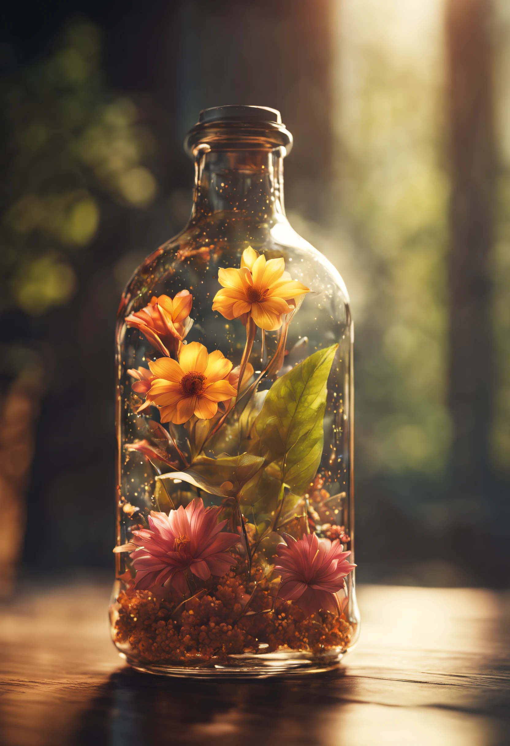 dreamlikeart flowers in a bottle, opulent, realistic, photo, canon, colorfull leaves. hyperdetailed photorealism by greg rutkowski - h 1024 w 804 | f 1 6 lens mark 2:2 s 3555 mm film grain :1 lifelike high res sharp focus contrast!! intricate detailed atmospheric light refraction lighting unreal engine 5 cinematic concept photography masterpiece octane render trending at cgsociety rendered as