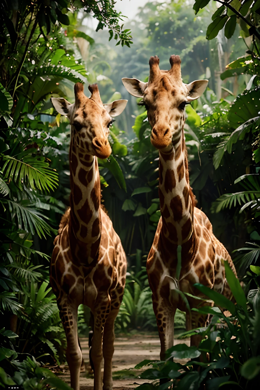 giraffe couple in lush jungle, scenery, art season trends, sharp focus, studio photo, intricate, highly detailed, by Greg Rutkowski